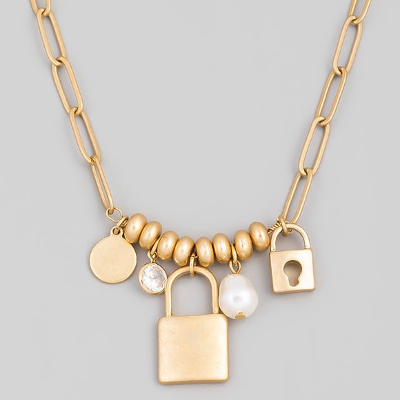 Yellow Gold Chain Link Padlock Charm Necklace - Picture 1 of 1